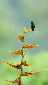 Green Hummingbird Perched on Orange Heliconia Flower in Tropical Rainforest