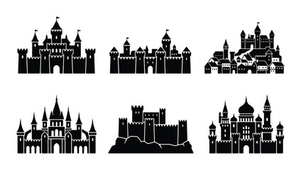 Fantasy Castle Silhouettes, Medieval Fortress Icons, Royal Palace Vector Set, Fairytale Architecture Collection © Mahmud
