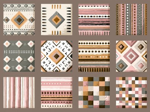 Artistic traditional motifs, stripe, textured check Earth Tones nature pastel coloured boho Pattern seamless Dyed Print  design. Abstract Ethnic Geo Batik runner carpet, rug, scarf, curtain, vector. 