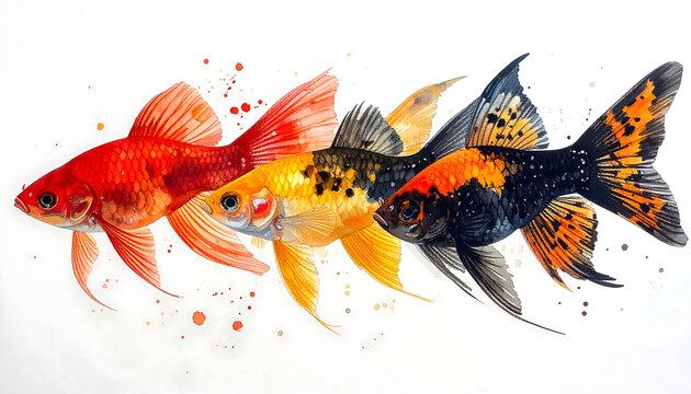Platy fish color morphs with red gold black and spotted variants displaying a colorful soft vibrant beginner aquarium watercolor painting atmosphere generative AI