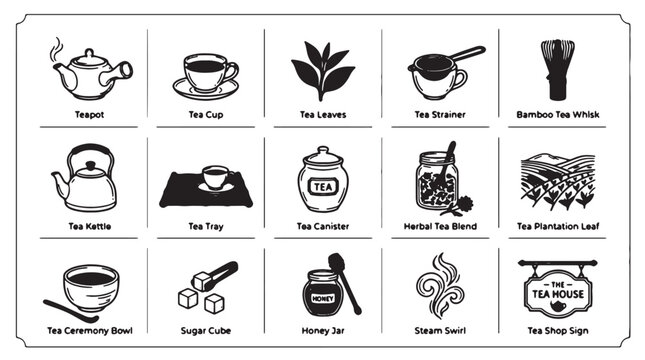 Tea icons, black and white, 16 tea symbols, vector illustrations, tea time, tea shop, cafe design elements