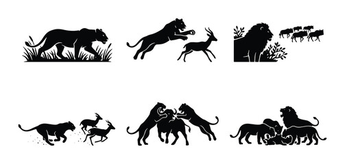 African Wildlife Silhouettes: Lions, Cheetahs, and Antelopes in Dynamic Scenes © Tamanna
