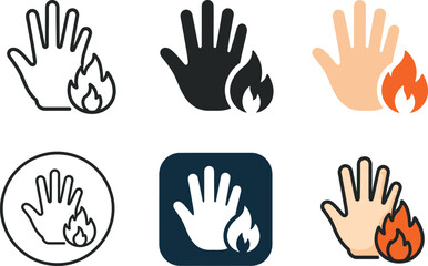 Fototapeta premium Hand and Fire Warning Icon Set – Hot Surface Vector Symbols
