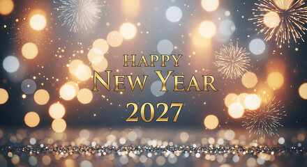 Happy new year 2027 celebration festive fireworks and golden bokeh background