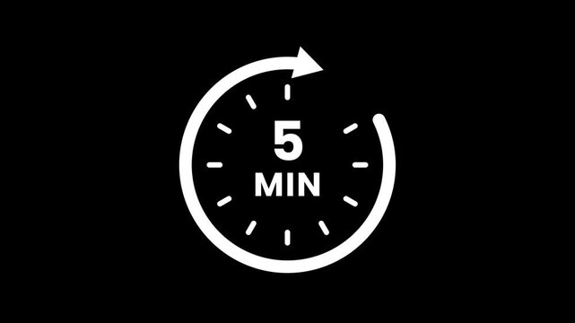 Timer 5 minutes countdown clock with circular arrow on Transparent background. Clock with 5 minute and circular arrows timer animation. 5 Min arrow clock icon animation. alpha channel. 4k video