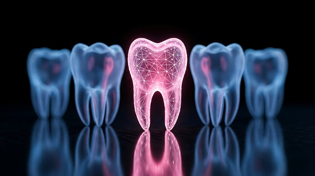 Translucent teeth row with glowing pink center tooth and blue outlines dental medical health