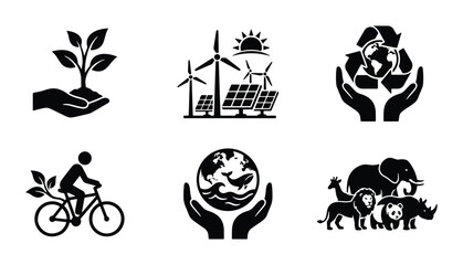 Obraz premium Eco Icons Set, Green Energy, Sustainability, Nature Conservation, Biodiversity, Vector Graphics