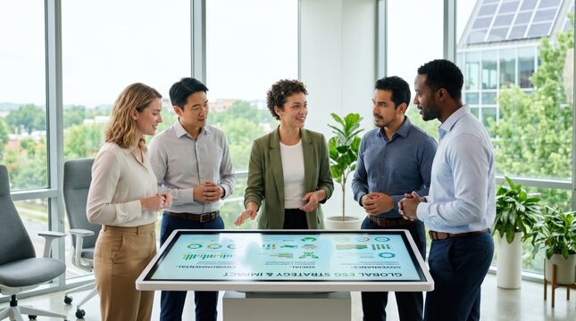 Diverse business team discussing global ESG strategy on interactive tablet table, corporate sustainability meeting, environmental social governance planning