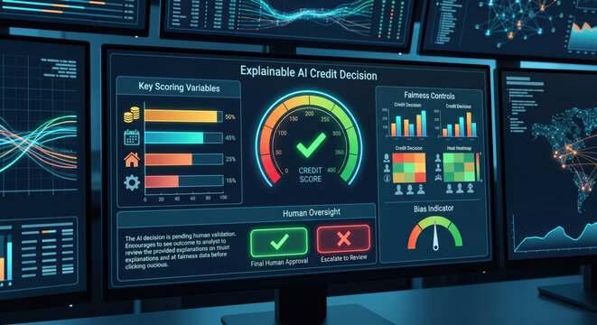 Dark AI credit decision dashboard with fairness checks, risk scores and approval indicators, representing algorithmic bias monitoring in lending.