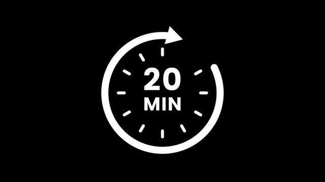 Timer 20 minutes countdown clock with circular arrow on Transparent background. Clock with 20 minute and circular arrows timer animation. 20 Min arrow clock icon animation. alpha channel. 4k video