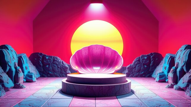 Retro scene. Shell centerpiece glows under vibrant sun. Stone formations flank tiled floor. Dramatic lighting creates surreal atmosphere.