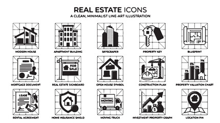 Naklejka premium Real Estate Icons, Vector Graphics, 25 Black and White Illustration Set