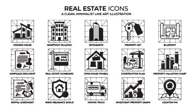 Real Estate Icons, Vector Graphics, 25 Black and White Illustration Set