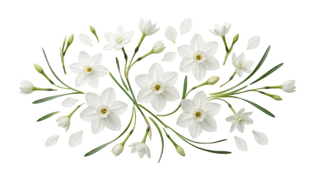 Elegant white narcissus flowers, spring daffodil blossoms with green stems, delicate floral arrangement for wedding stationery and greeting cards isolated PNG with Transparent Background