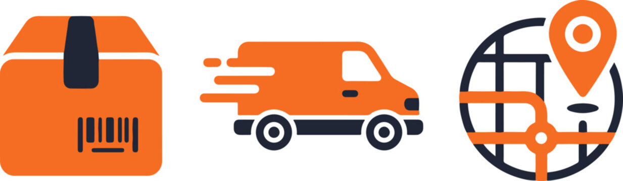 Delivery icons, shipping symbols, logistics graphics, transportation signs, orange vector set