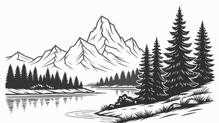 Fototapeta premium Mountain range with pine forest and reflective lake mountain landscape