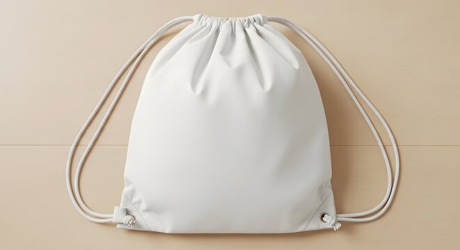 A pristine white drawstring backpack with light beige cords isolated on a soft neutral background showcasing simplicity and utility