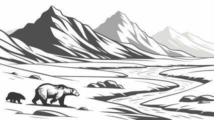 Polar bear mother and cub in mountain landscape with mountain, landscape © Khadija