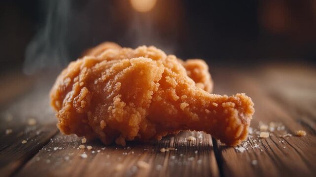 Crispy fried chicken drumstick with steam rising on rustic wooden table close-up