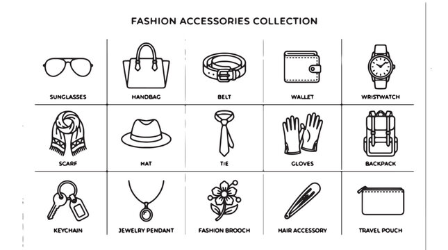 Fashion accessories collection, icons, black and white, 16 elements, vector graphics