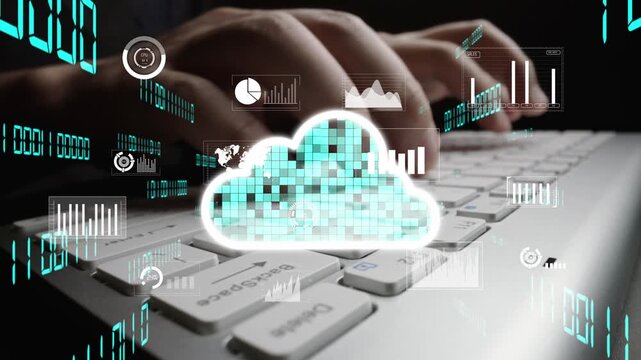 Hands typing on a keyboard are surrounded by graphics that represent cloud computing and digital data, illustrating the intersection of technology and modern business dynamics. Xenic
