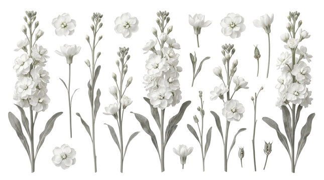 Vintage botanical illustration of white stock flowers, elegant floral collection with stems and blossoms, hand drawn garden flower set isolated PNG with Transparent Background