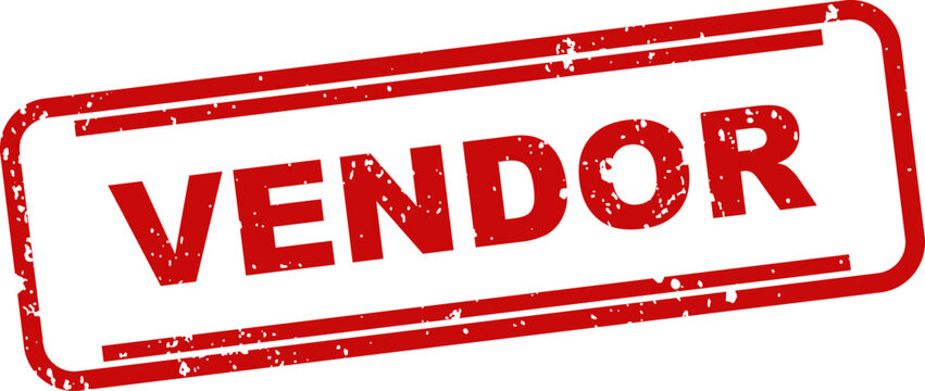 Red rubber stamp with the word vendor inside a rectangular frame on a white background