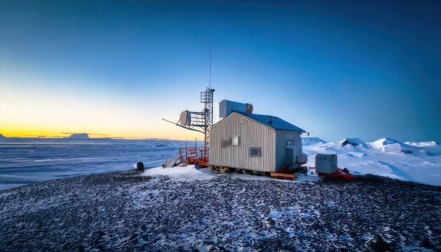 Remote Antarctic Research Station at Dawn - A Beacon of Science.