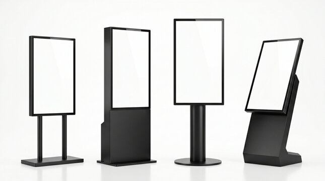 Four different styles of freestanding digital display kiosks with blank screens, modern advertising stands for indoor and outdoor promotion isolated on white background.