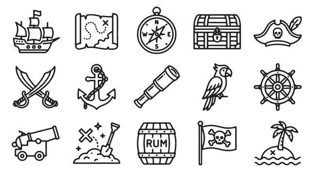 Pirate adventure line icon set, 15 black outline nautical vector elements, treasure map and sailing ship symbols for gaming and education