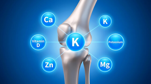 Human knee joint with calcium potassium vitamin d zinc magnesium nutrients bone anatomy