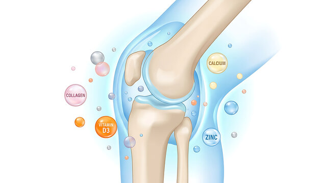 Human knee joint with collagen calcium vitamin d3 zinc bone anatomy