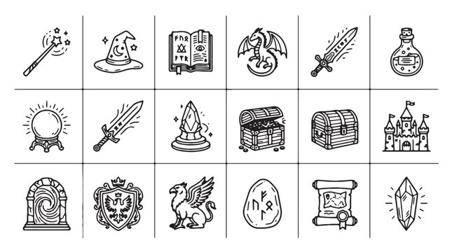 Fantasy RPG game icons set, 18 magic adventure line art vectors, medieval quest elements with dragon, sword, and spellbook for tabletop gaming