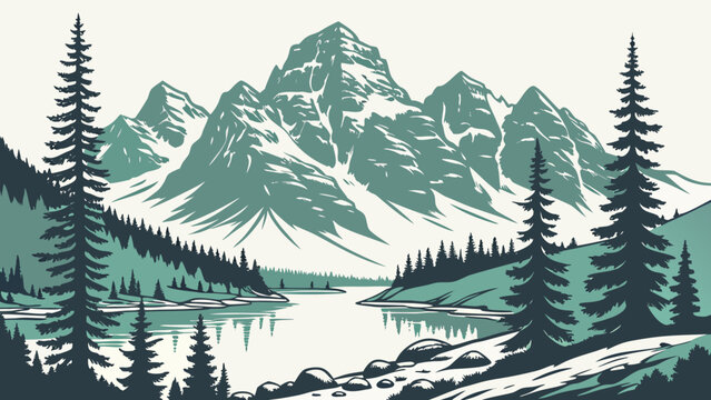 Majestic alpine mountain range and reflective lake with mountain, landscape