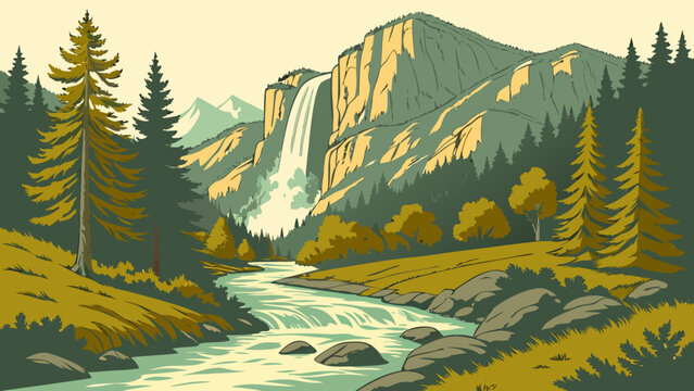 Illustration of a majestic waterfall and mountain river landscape with waterfall