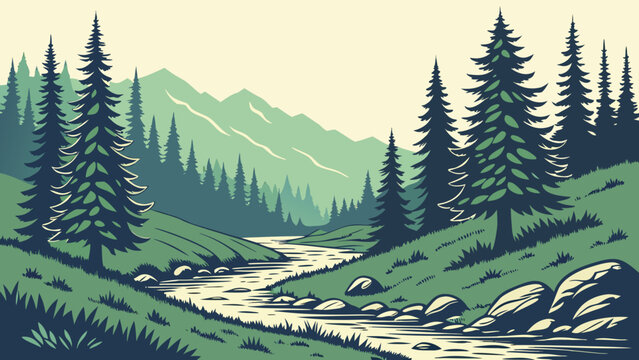 Vintage style landscape illustration of mountain river and forest with mountain