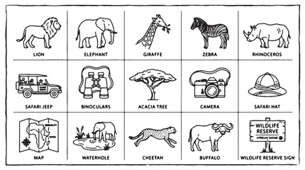 African safari line icons set, hand drawn wildlife animals and adventure equipment vector, 15 black and white doodle elements for travel © Rosie