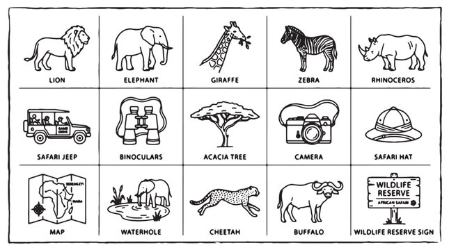 African safari line icons set, hand drawn wildlife animals and adventure equipment vector, 15 black and white doodle elements for travel
