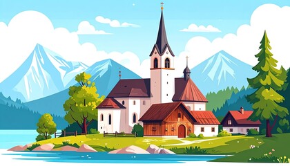 Naklejka premium Serene church by tranquil lake mountain.