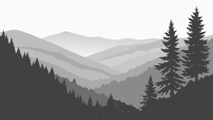 Fototapeta premium Monochrome mountain range landscape with coniferous pine forest silhouette