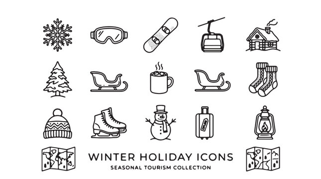 Winter holiday icons set, seasonal tourism collection vector, minimalist black line art for ski resort travel and mountain vacation activities