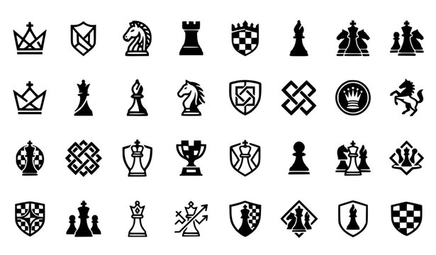 Chess Game Black Vector Logo Set Featuring King Queen Knight and Strategic Board Game Emblems