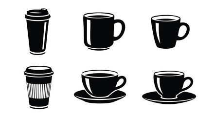 Fototapeta premium Six Black Coffee and Tea Cup Icons on White Background