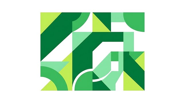 Abstract geometric composition featuring interlocking green shapes and patterns