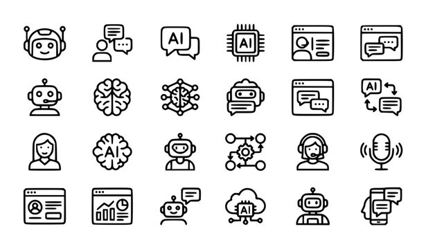 Chatbot AI Black Outline Icons Set Featuring Virtual Assistants Conversational Bots and Artificial Intelligence Symbols