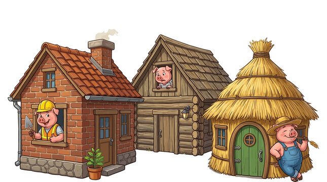 Three little pigs building colorful houses in this detailed vector illustration for children and fairy tales