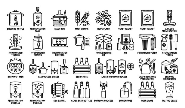 Home Brewing Black Outline Icons Set with Beer Ale Lager Craft Beverage Fermentation Process Symbols