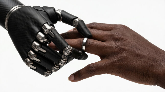 Bionik Bionics Biomechanisch Biorobotics Bioroboter Künstliche Hand Gold Ring auf Menschliche auf Bionische Roboterhand steckt einen Ring an eine menschliche Hand