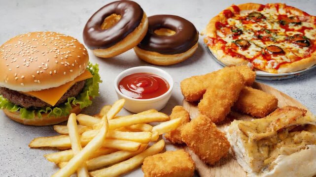 assortment of unhealthy food: burger, chocolate donuts, nuggets, French fries, tomato ketchup and pizza