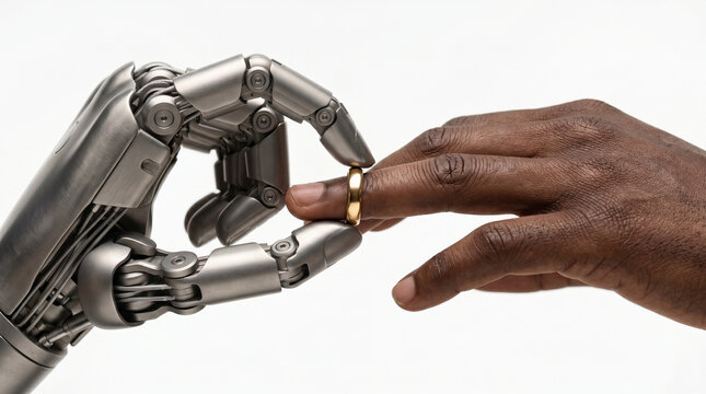 Bionik Bionics Biomechanisch Biorobotics Bioroboter Künstliche Hand Gold Ring auf Menschliche auf Bionische Roboterhand steckt einen Ring an eine menschliche Hand